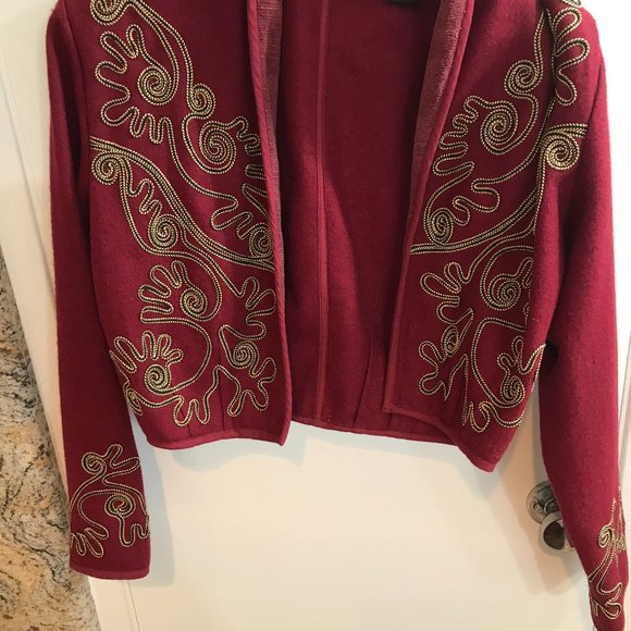 New Identity deep burgundy red bolero jacket with Spanish embroidery, size small - Picture 1 of 6